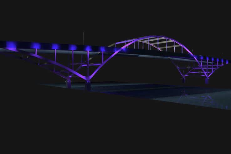 Rendering of IH-794 Daniel Hoan Bridge and Lake Freeway illuminated in purple lighting at night