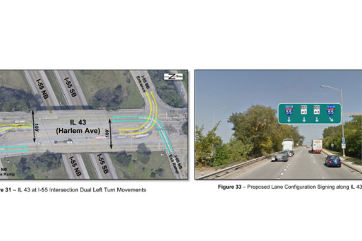 IL 43 (Harlem Avenue) Roadway Improvements Diagram and photo of roadway with sign