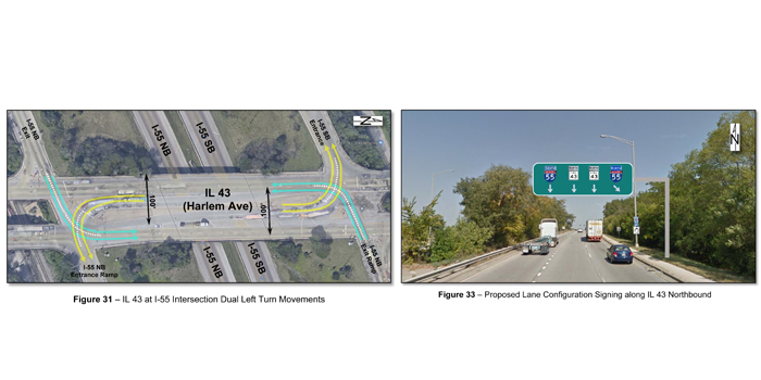 IL 43 (Harlem Avenue) Roadway Improvements Diagram and photo of roadway with sign