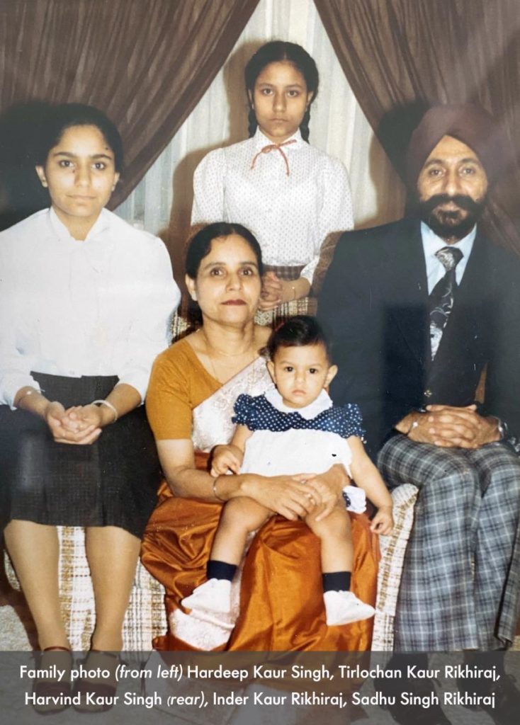 Family photo of Hardeep Kaur Singh, Tirlochan Kaur Rikhiraj, Harvind Kaur Singh, Inder Kaur Rikhiraj, Sadhu Singh Rikhiraj