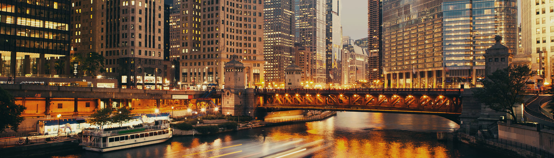 View of the Chicago Riverwalk at nighttime